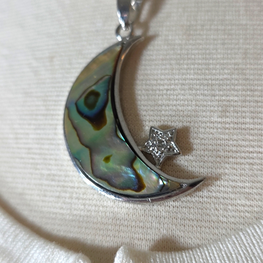 Silver and Green Abalone Crescent Moon Pendant Necklace